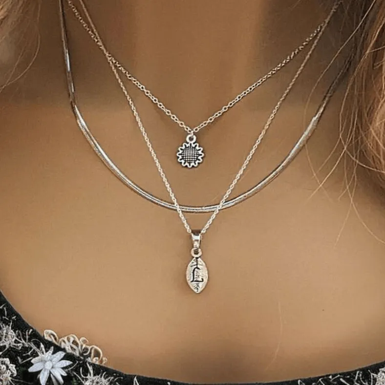 Silver Sunflower Initial Leaf Layered Necklace Set