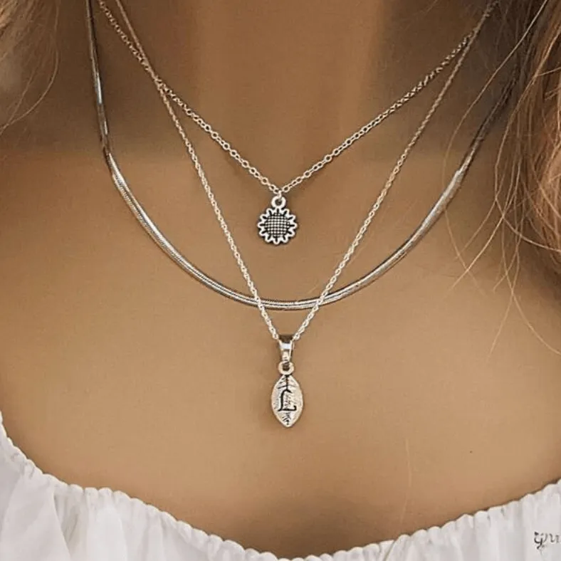 Silver Sunflower Initial Leaf Layered Necklace Set