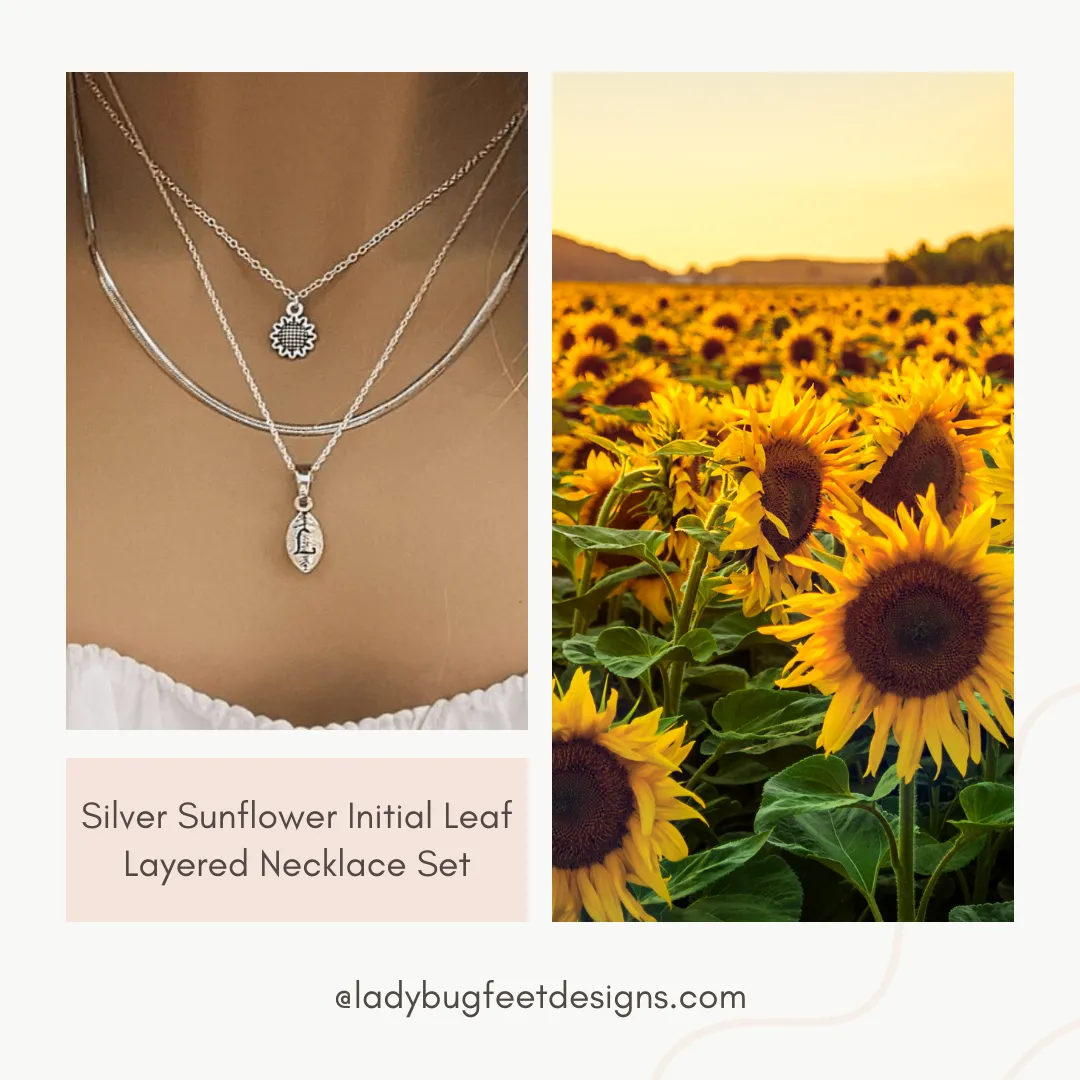 Silver Sunflower Initial Leaf Layered Necklace Set