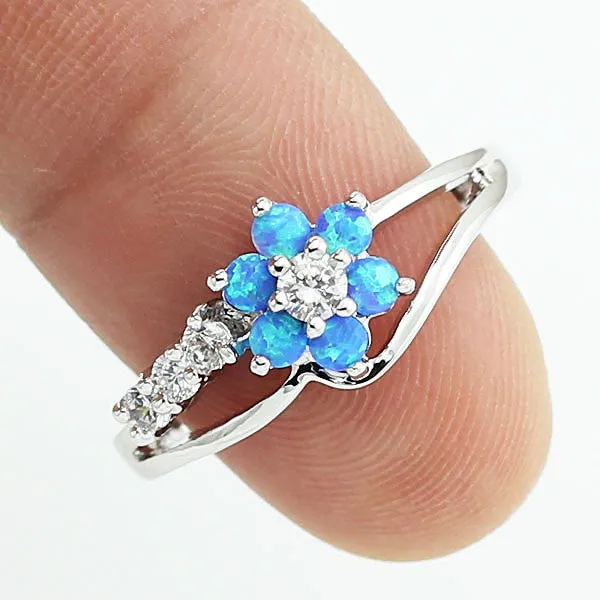 Silver White Fire Opal Flower Ring