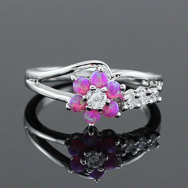 Silver White Fire Opal Flower Ring