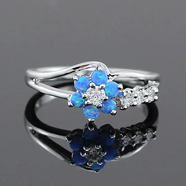 Silver White Fire Opal Flower Ring