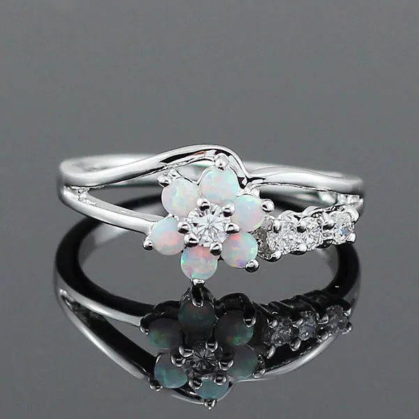 Silver White Fire Opal Flower Ring