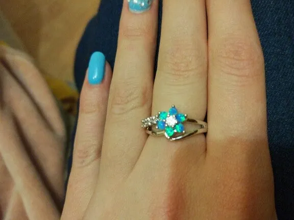 Silver White Fire Opal Flower Ring