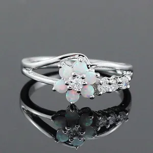 Silver White Fire Opal Flower Ring