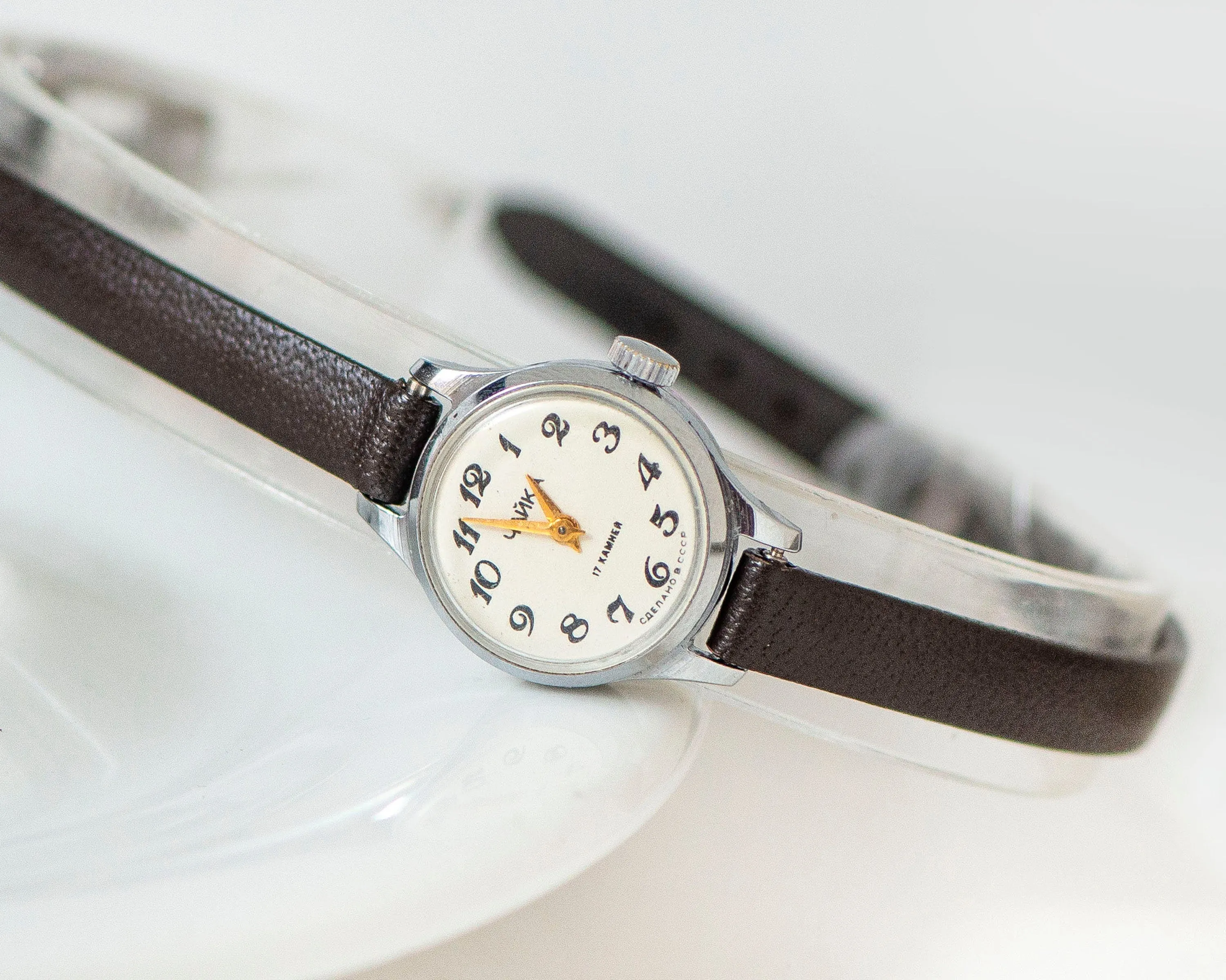 Simple watch for women Seagull vintage, women's watch silver shade tiny wrist, Arabic numerals wristwatch delicate accessory, leather strap