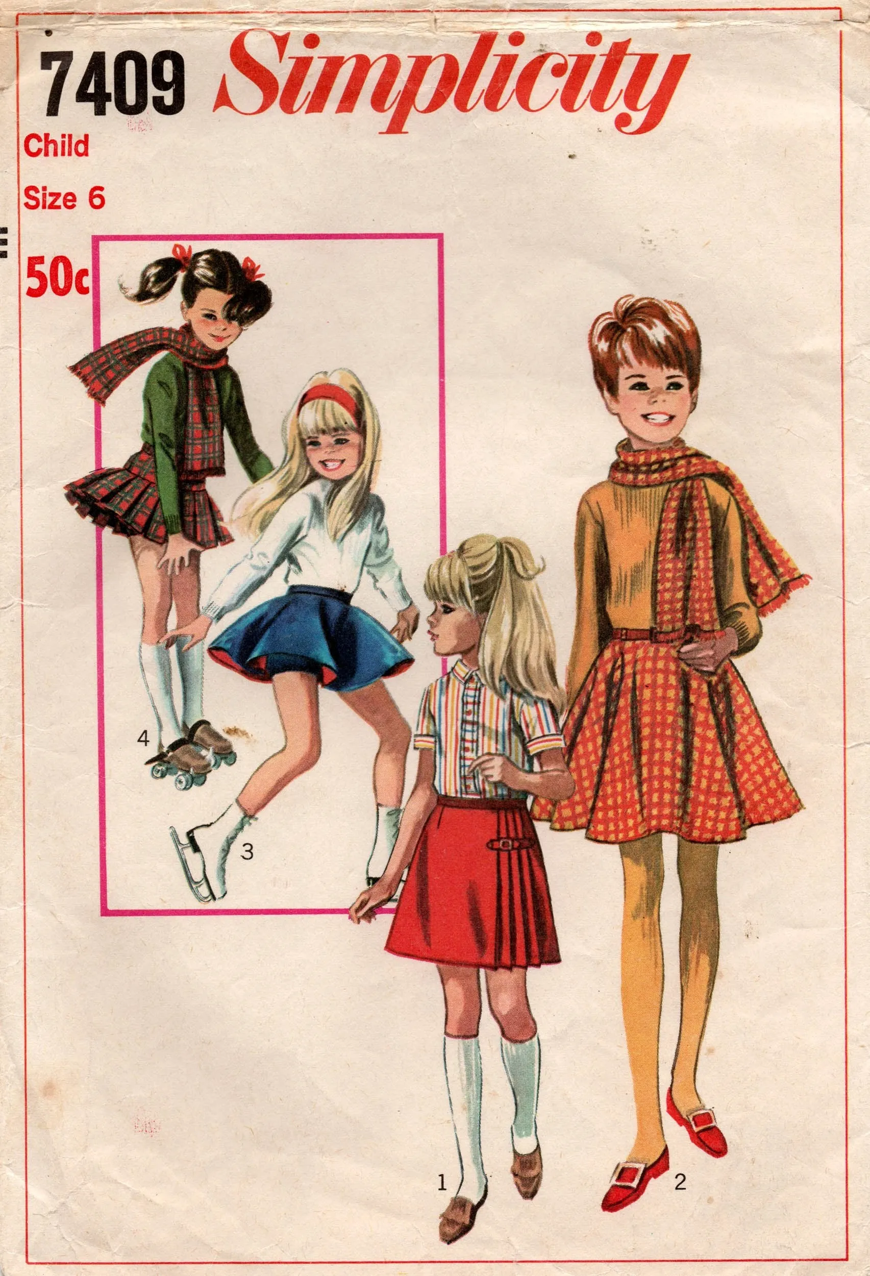 Simplicity 7409 Girls Skirts Panties & Scarf 1960s Vintage Sewing Pattern Size 6