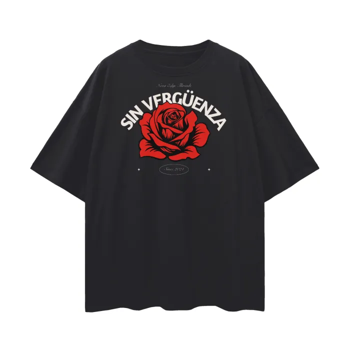 Sin Vergüenza Graphic Tee meaning No Shame in Spanish LGBTQ  Hispanic Pride on front of Black Oversize Deep Drop Shoulder Tee - 190 GSM