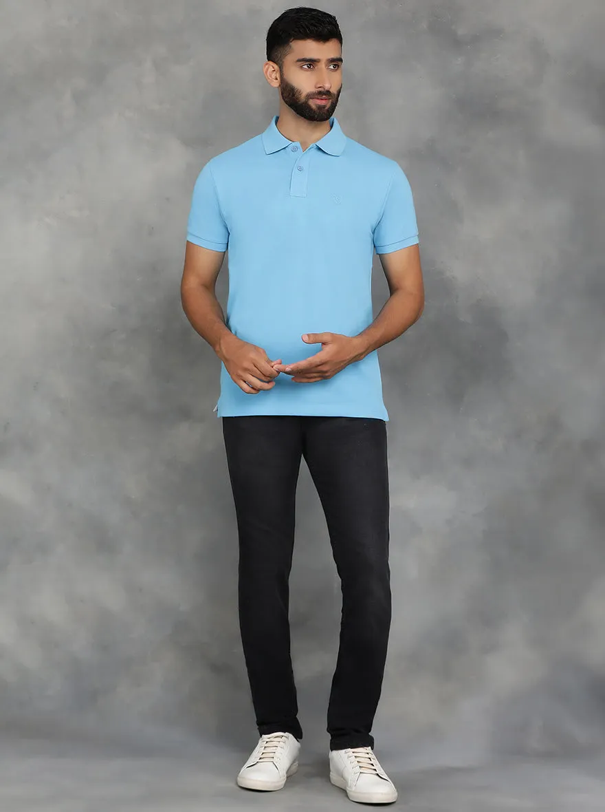 Sky Blue Solid Slim Fit Polo T-Shirt | GreenFibre