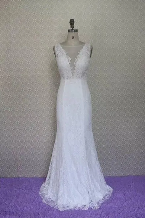 Sleeveless Lace Wedding Dress with Illusion V-neckline