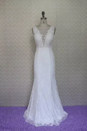 Sleeveless Lace Wedding Dress with Illusion V-neckline