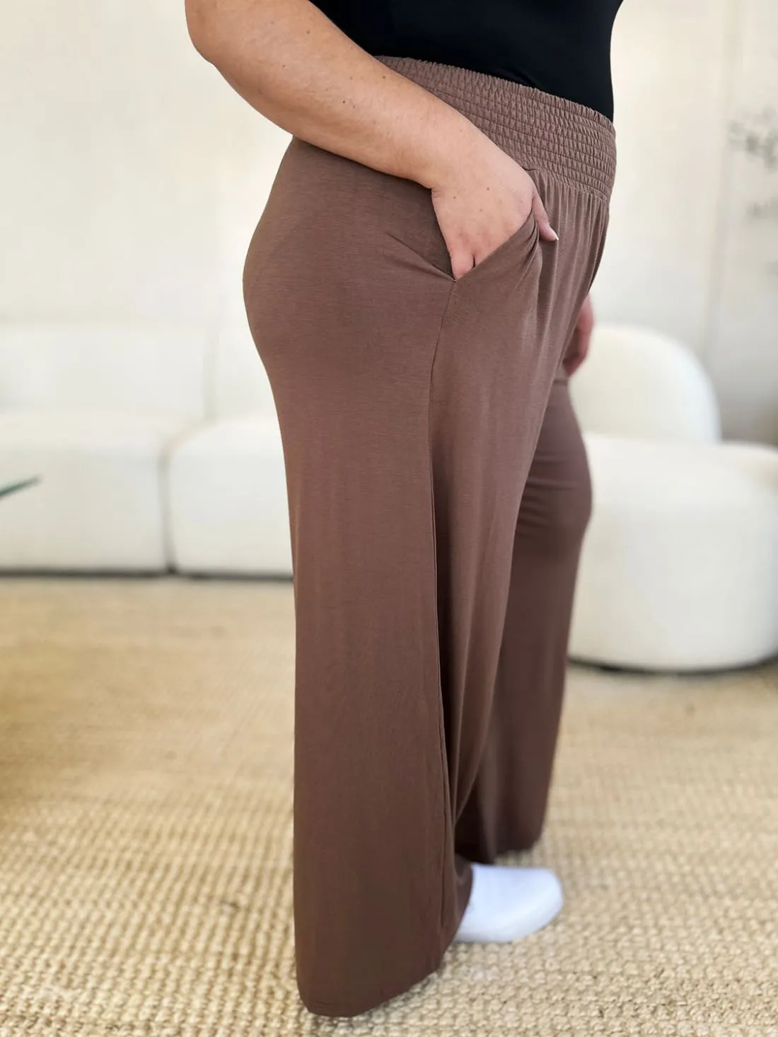 Smocked Wide Waistband Wide Leg Lounge Pants
