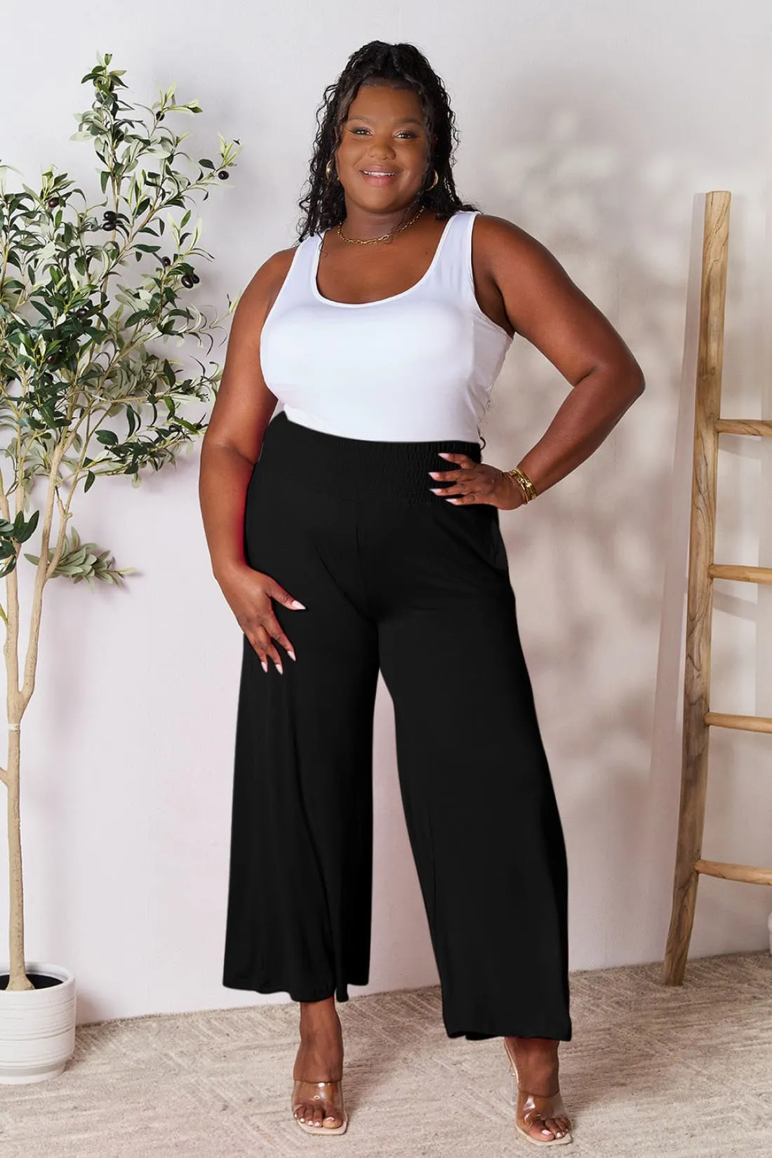 Smocked Wide Waistband Wide Leg Lounge Pants