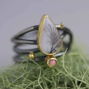 SOLD  Dendritic Agate and Opal Ring on Swirled Band