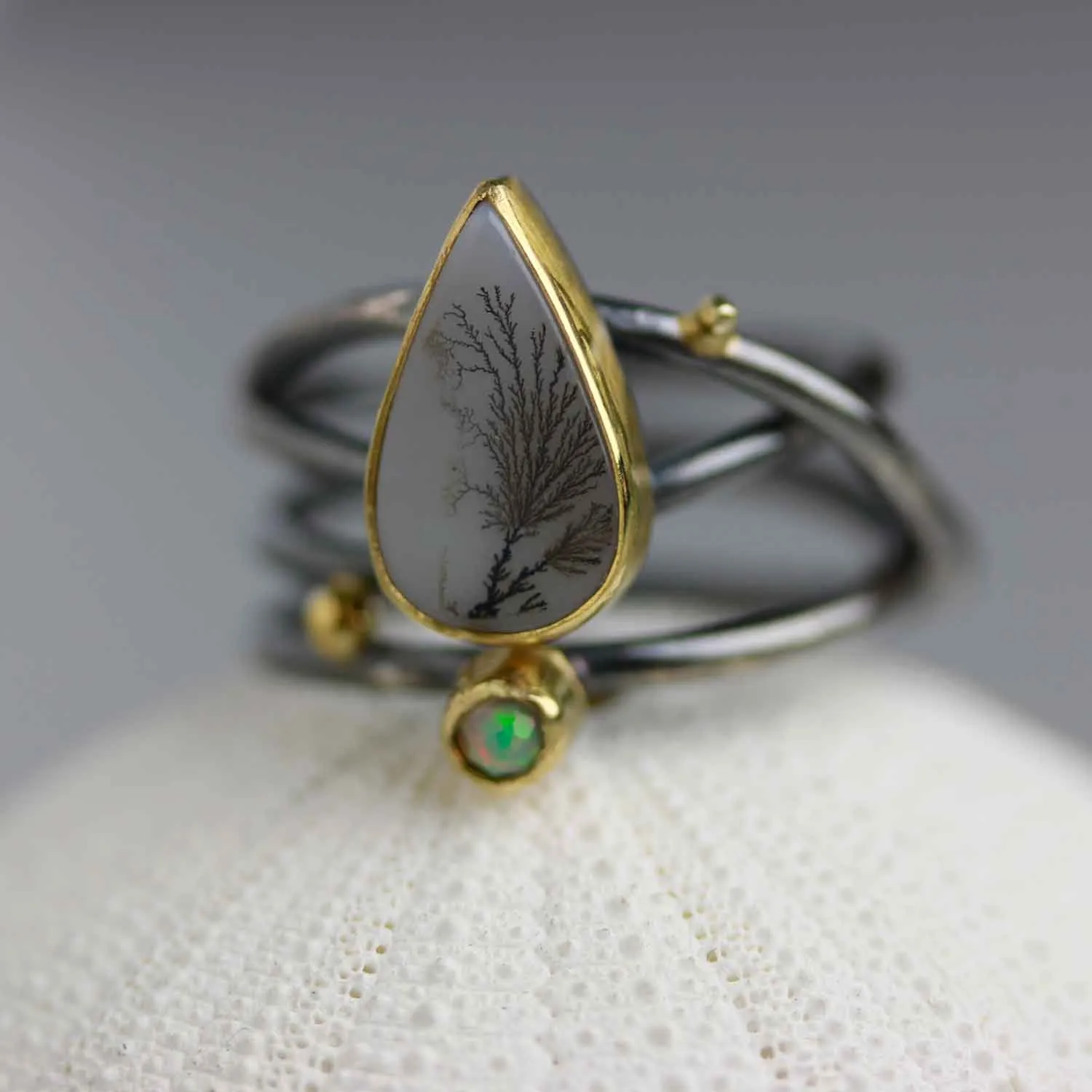 SOLD  Dendritic Agate and Opal Ring on Swirled Band