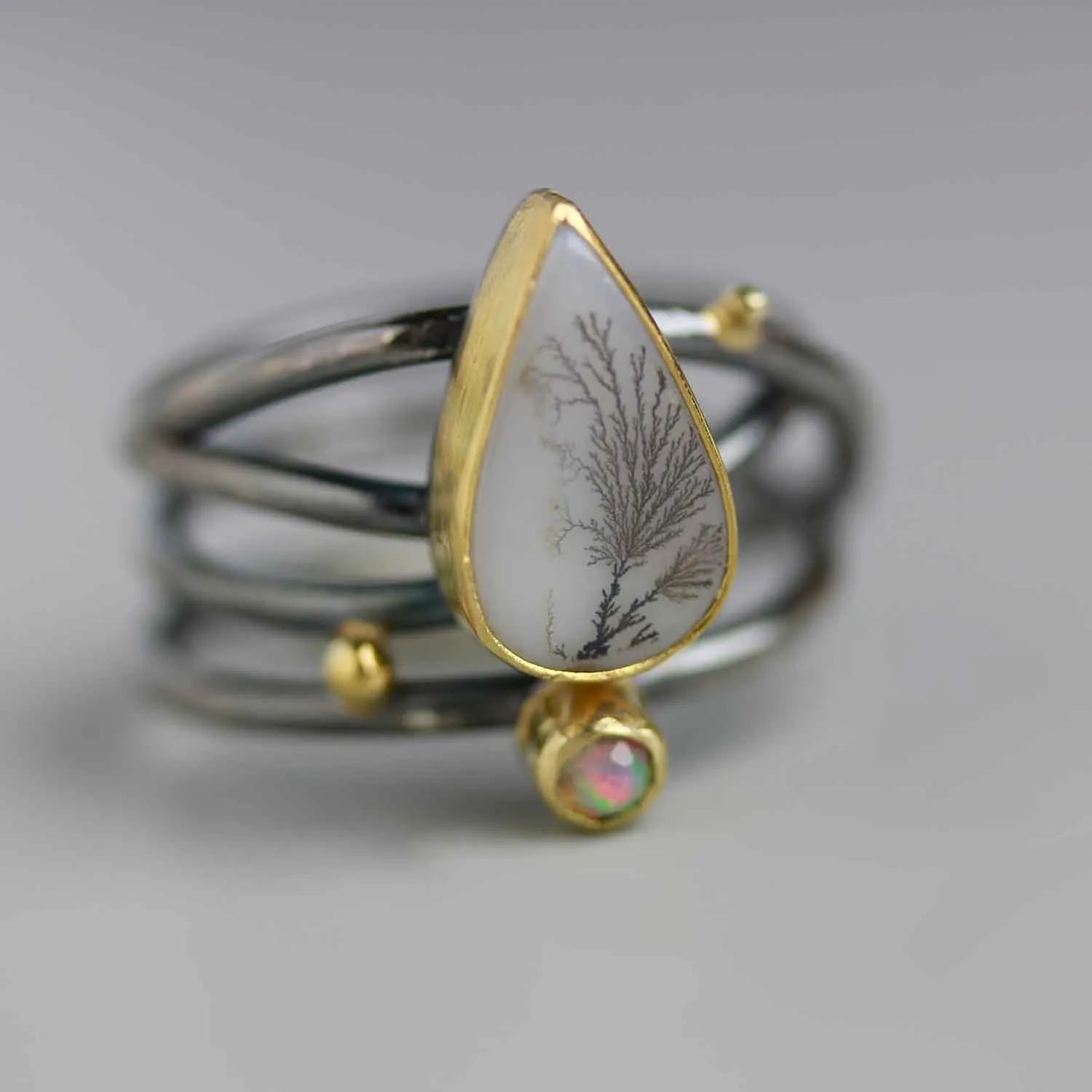 SOLD  Dendritic Agate and Opal Ring on Swirled Band