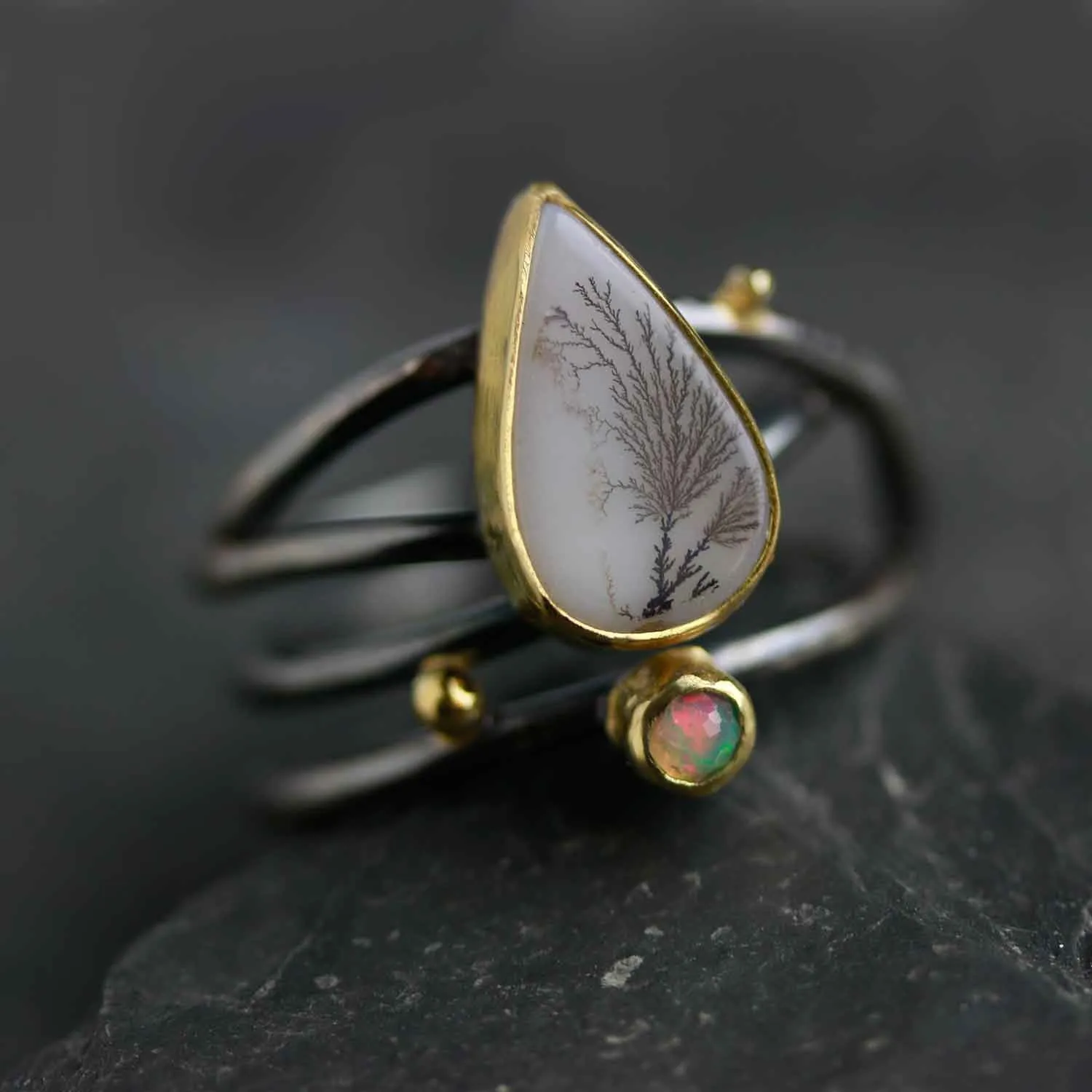 SOLD  Dendritic Agate and Opal Ring on Swirled Band