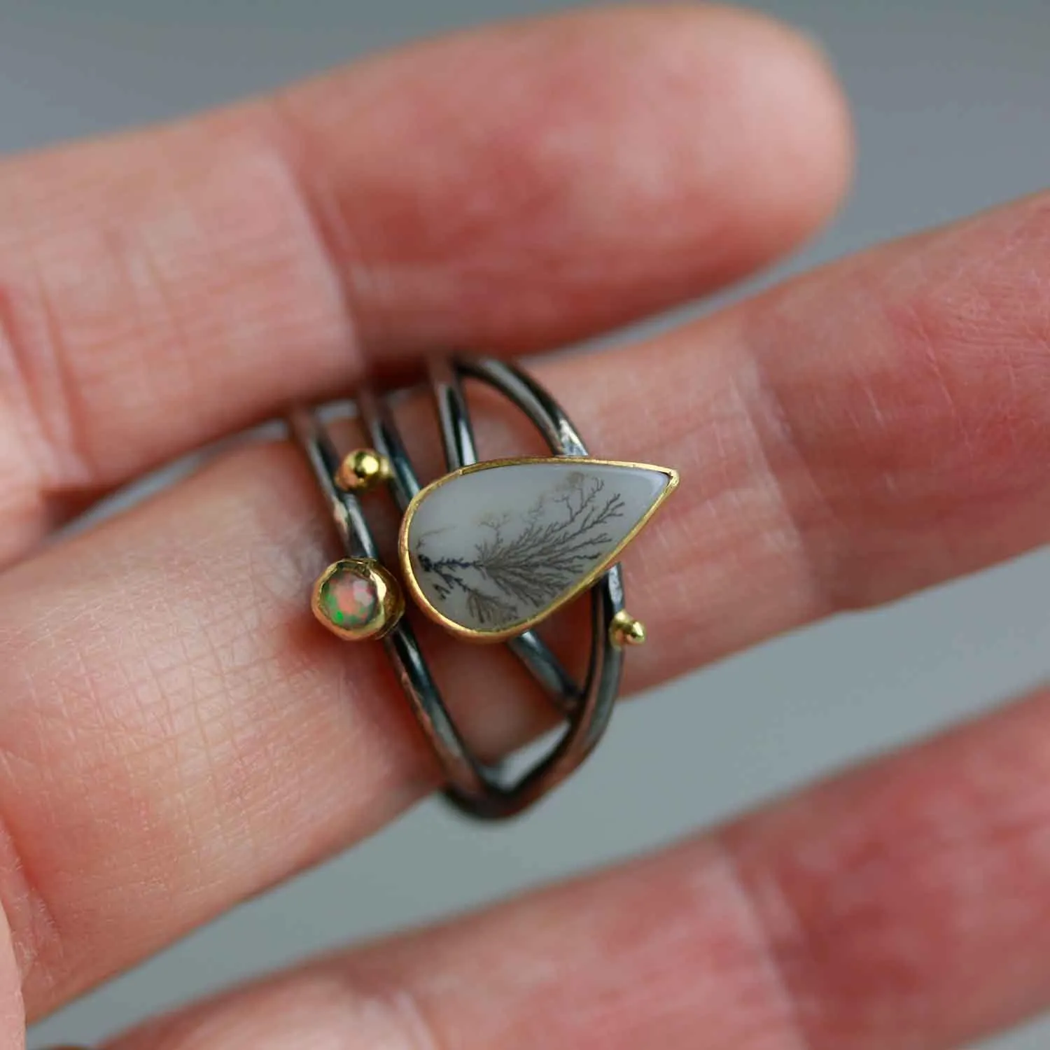 SOLD  Dendritic Agate and Opal Ring on Swirled Band