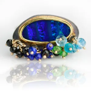 Sold. Navy Blue Striped Opal Ring with Fringe. Size 8.
