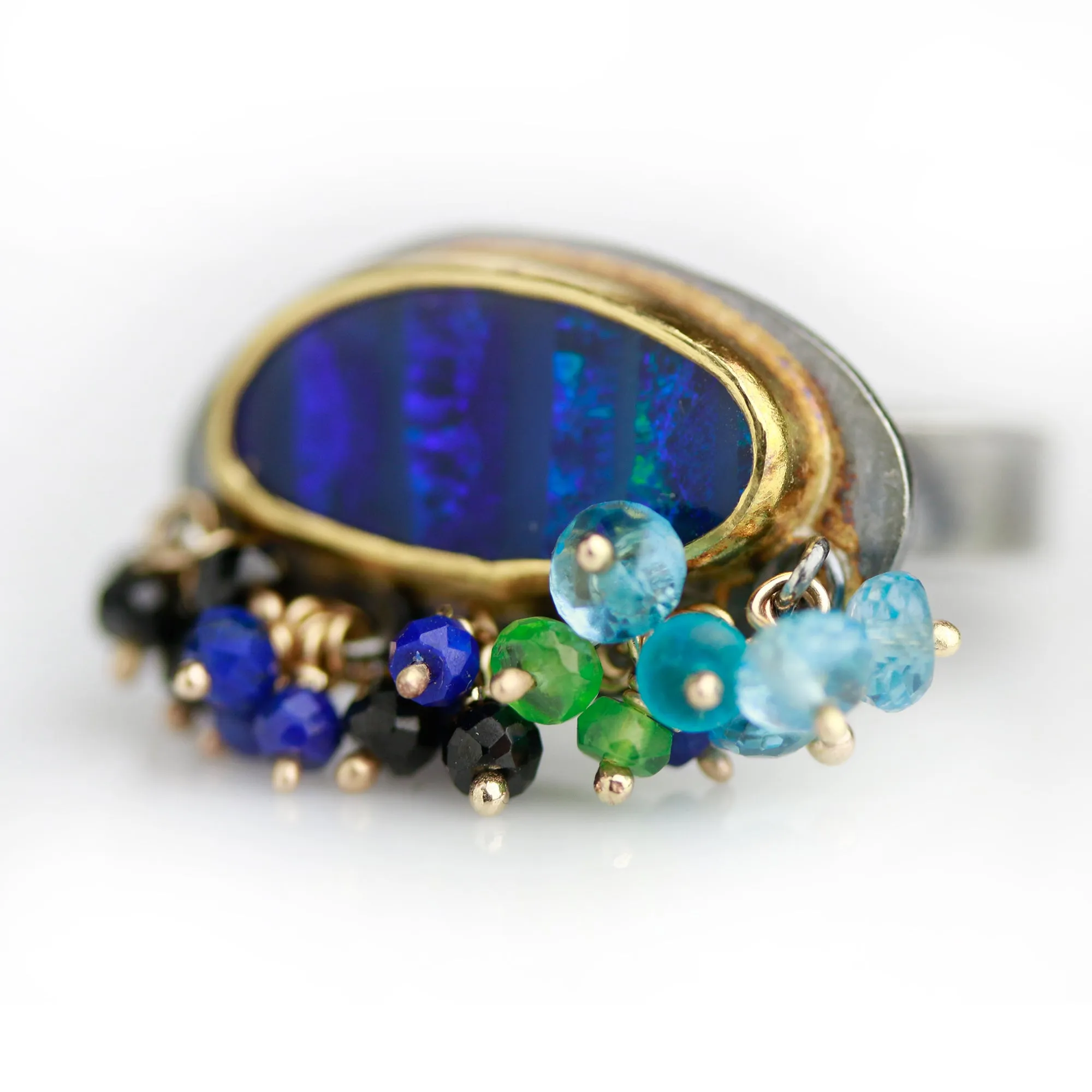 Sold. Navy Blue Striped Opal Ring with Fringe. Size 8.