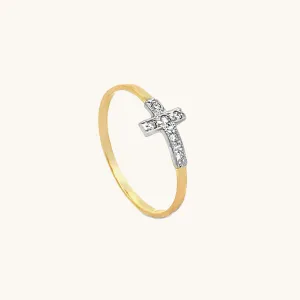 SOLID 14K TWO TONE GOLD DIAMOND CROSS RING .06CT