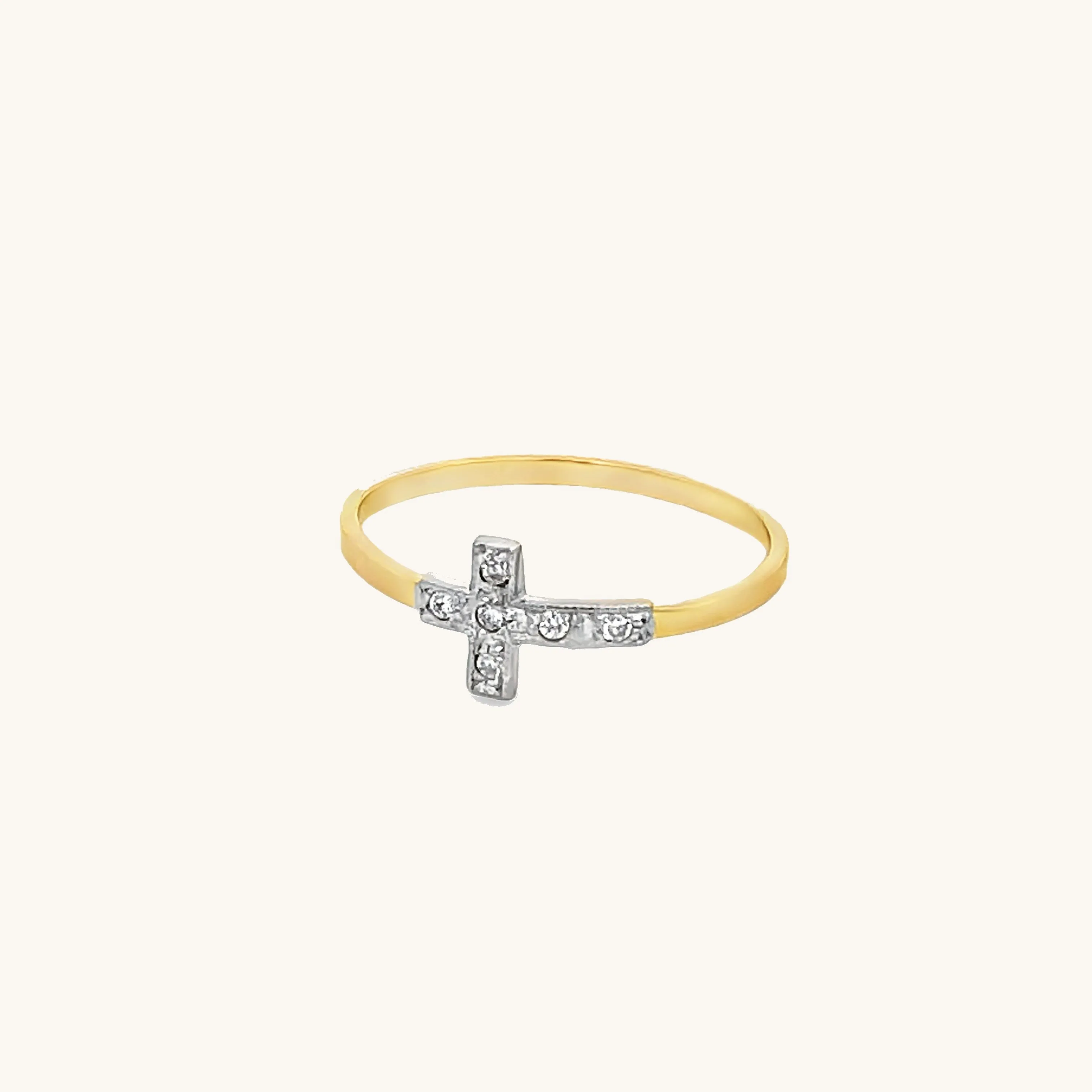 SOLID 14K TWO TONE GOLD DIAMOND CROSS RING .06CT
