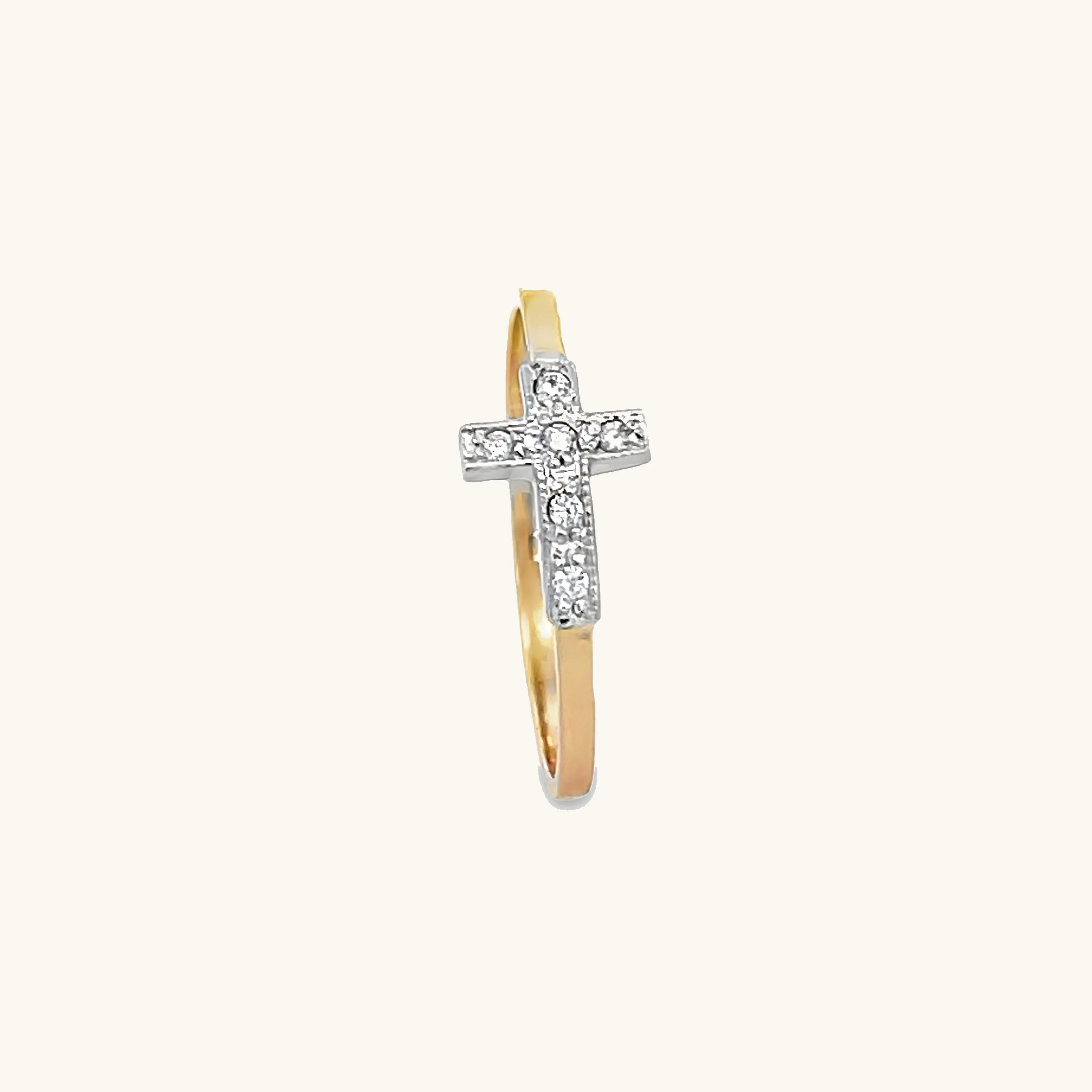 SOLID 14K TWO TONE GOLD DIAMOND CROSS RING .06CT