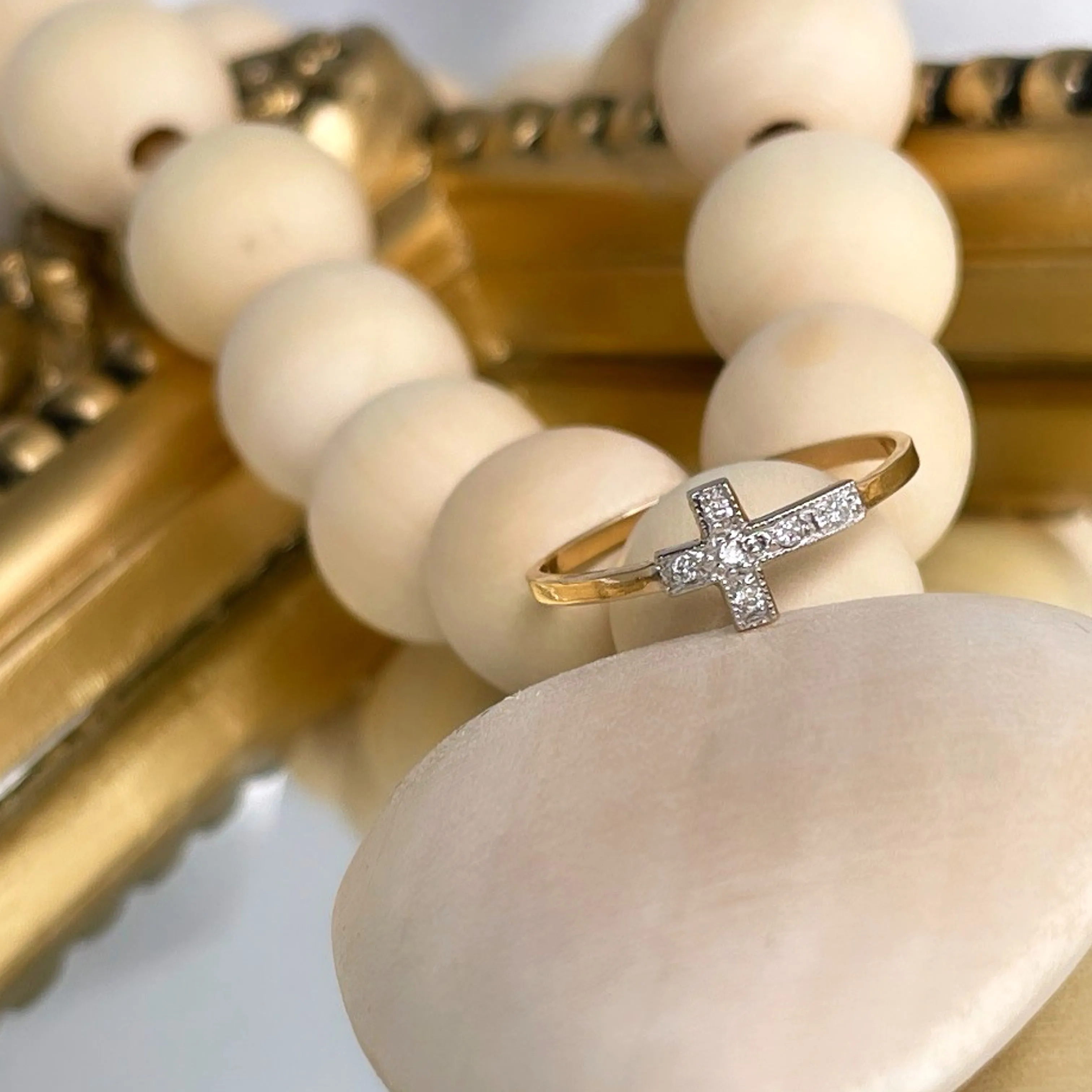 SOLID 14K TWO TONE GOLD DIAMOND CROSS RING .06CT