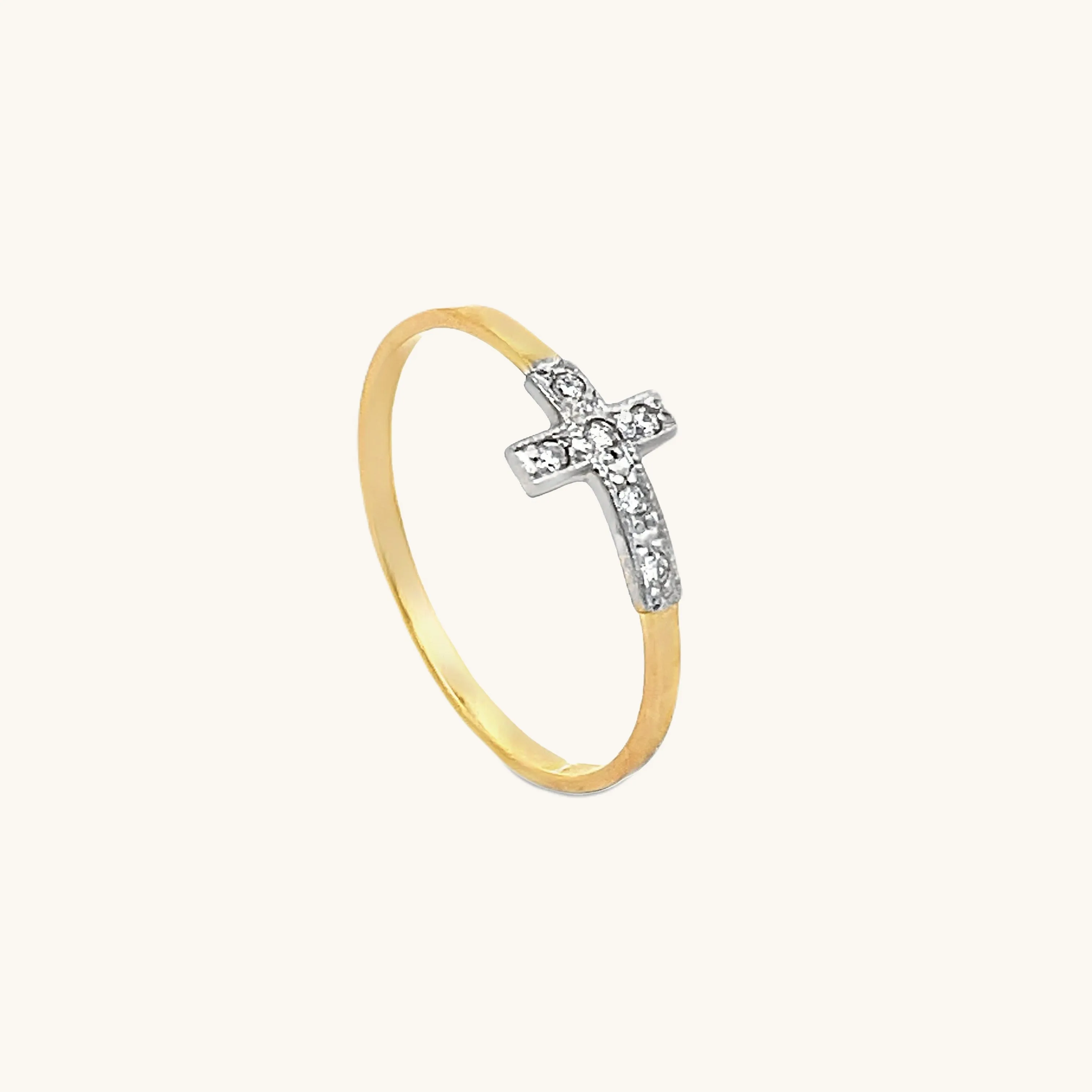 SOLID 14K TWO TONE GOLD DIAMOND CROSS RING .06CT