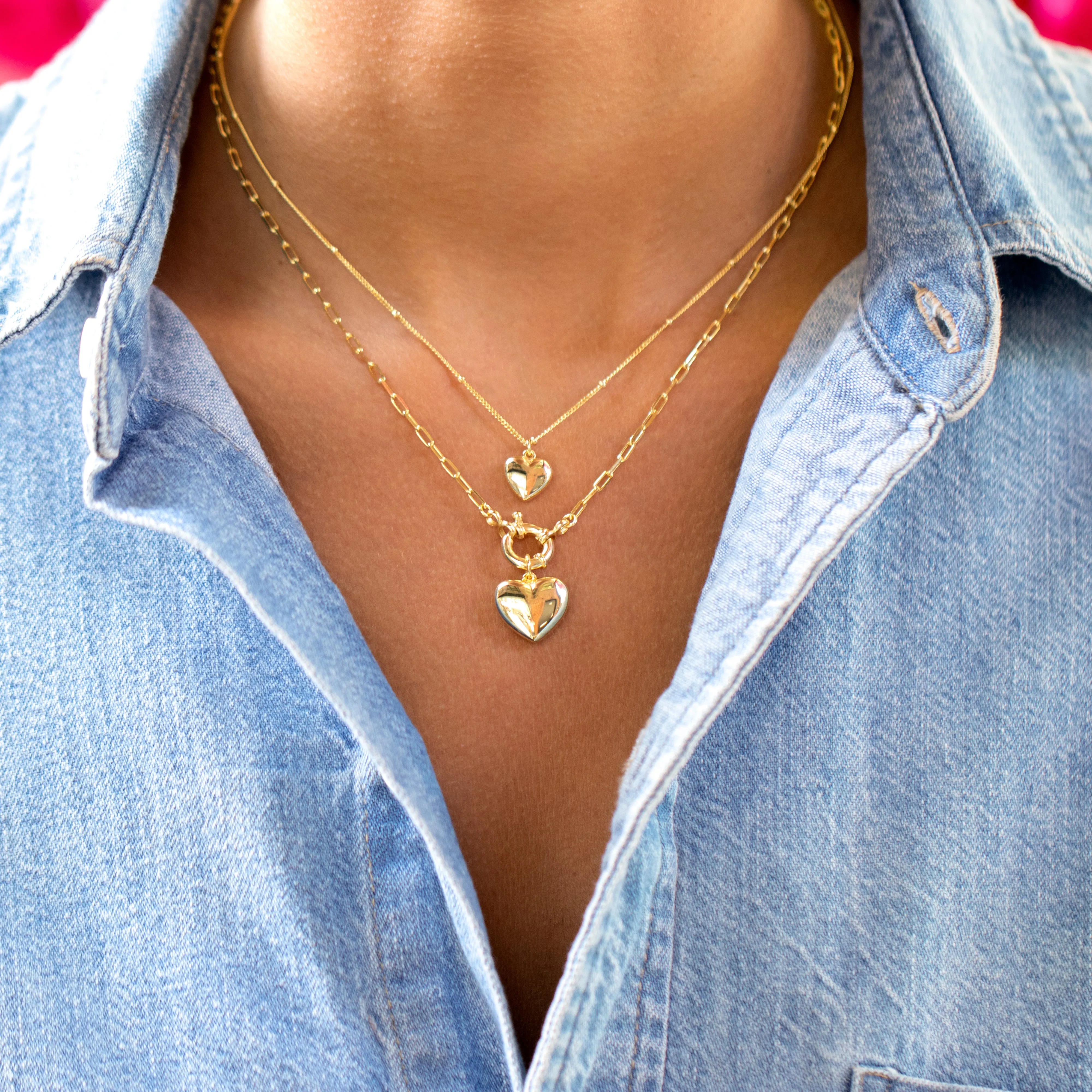 Solid Puffy Heart Paperclip Chain Necklace