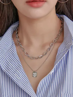 Square Charm Layered Necklace - silver