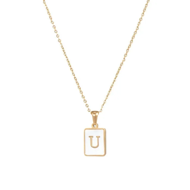 Square Natural Shell Initial Letters Pendant Chain Necklace 18K Golden Jewelry