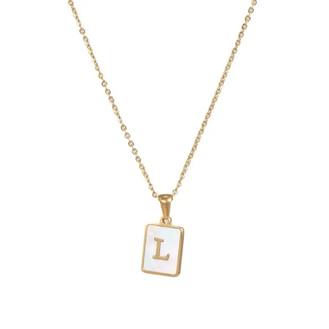 Square Natural Shell Initial Letters Pendant Chain Necklace 18K Golden Jewelry