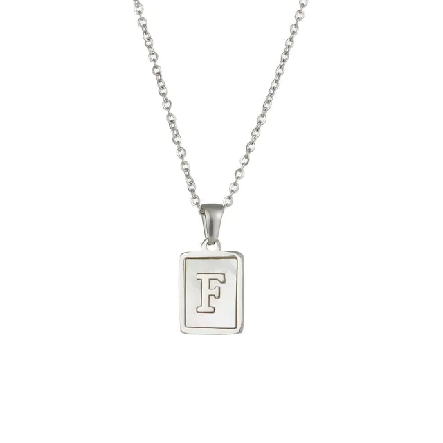 Square Natural Shell Initial Letters Pendant Chain Necklace 18K Golden Jewelry