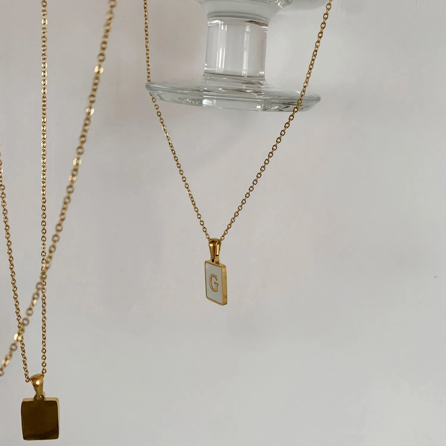 Square Natural Shell Initial Letters Pendant Chain Necklace 18K Golden Jewelry