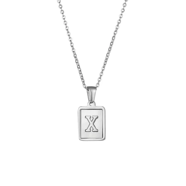 Square Natural Shell Initial Letters Pendant Chain Necklace 18K Golden Jewelry
