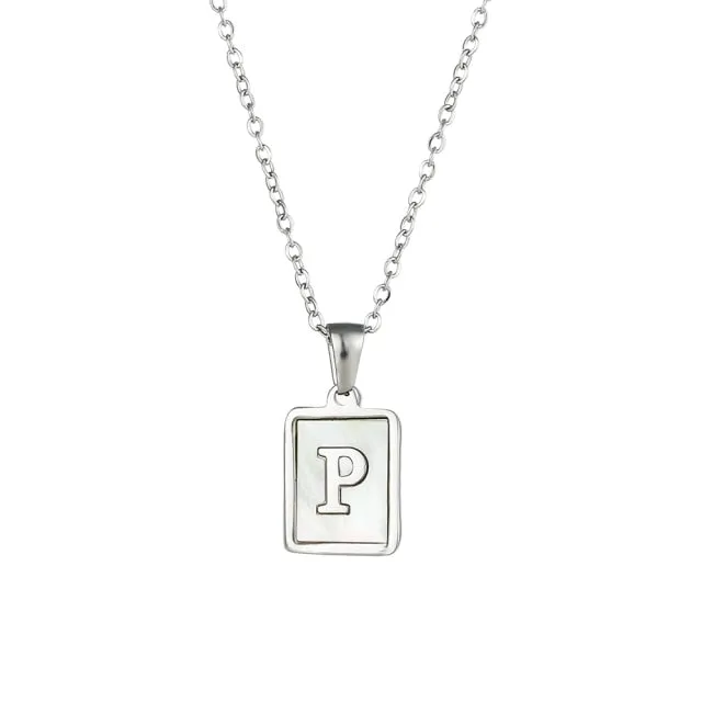Square Natural Shell Initial Letters Pendant Chain Necklace 18K Golden Jewelry