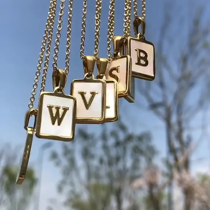 Square Natural Shell Initial Letters Pendant Chain Necklace 18K Golden Jewelry