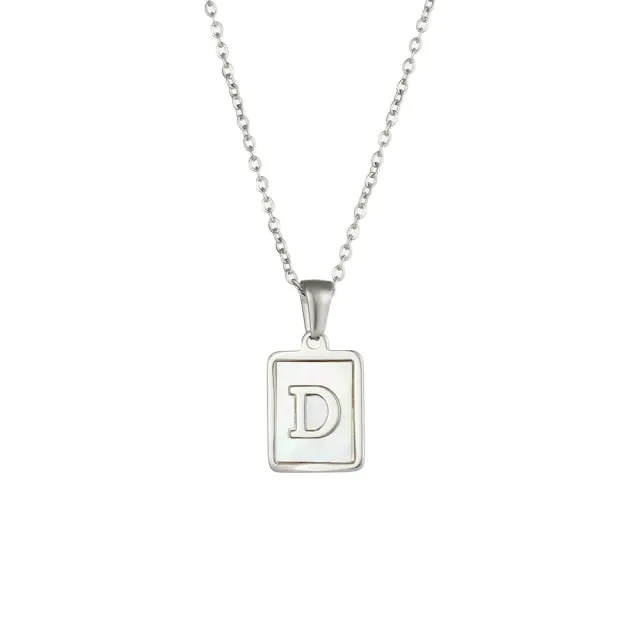 Square Natural Shell Initial Letters Pendant Chain Necklace 18K Golden Jewelry
