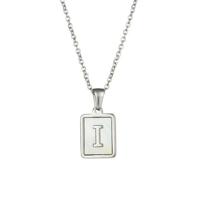 Square Natural Shell Initial Letters Pendant Chain Necklace 18K Golden Jewelry