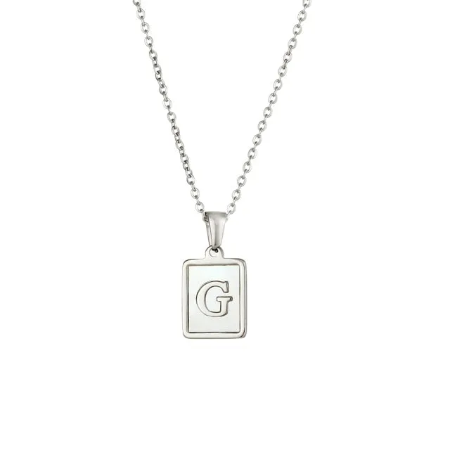 Square Natural Shell Initial Letters Pendant Chain Necklace 18K Golden Jewelry