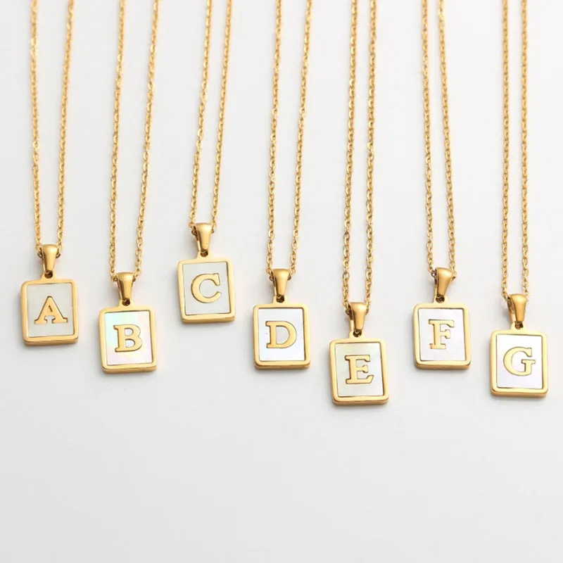 Square Natural Shell Initial Letters Pendant Chain Necklace 18K Golden Jewelry