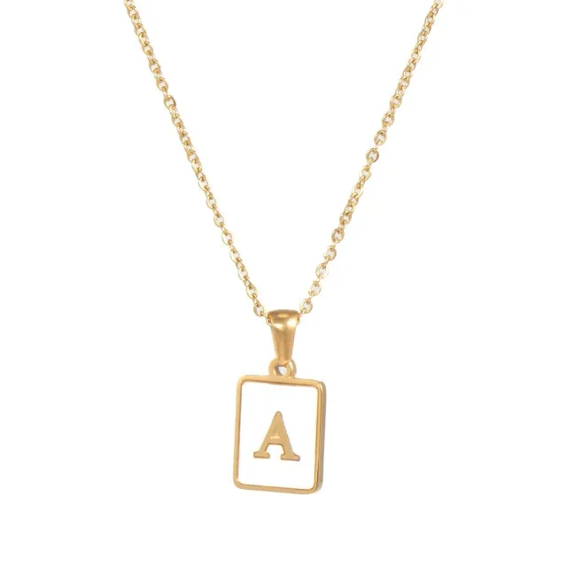 Square Natural Shell Initial Letters Pendant Chain Necklace 18K Golden Jewelry