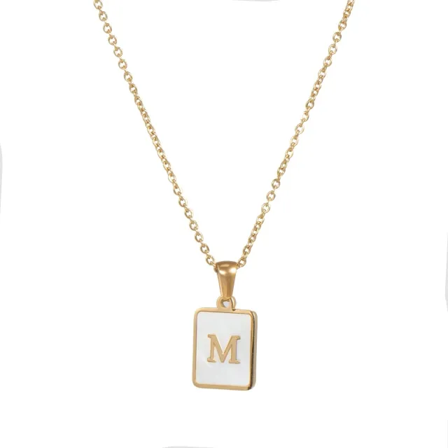Square Natural Shell Initial Letters Pendant Chain Necklace 18K Golden Jewelry