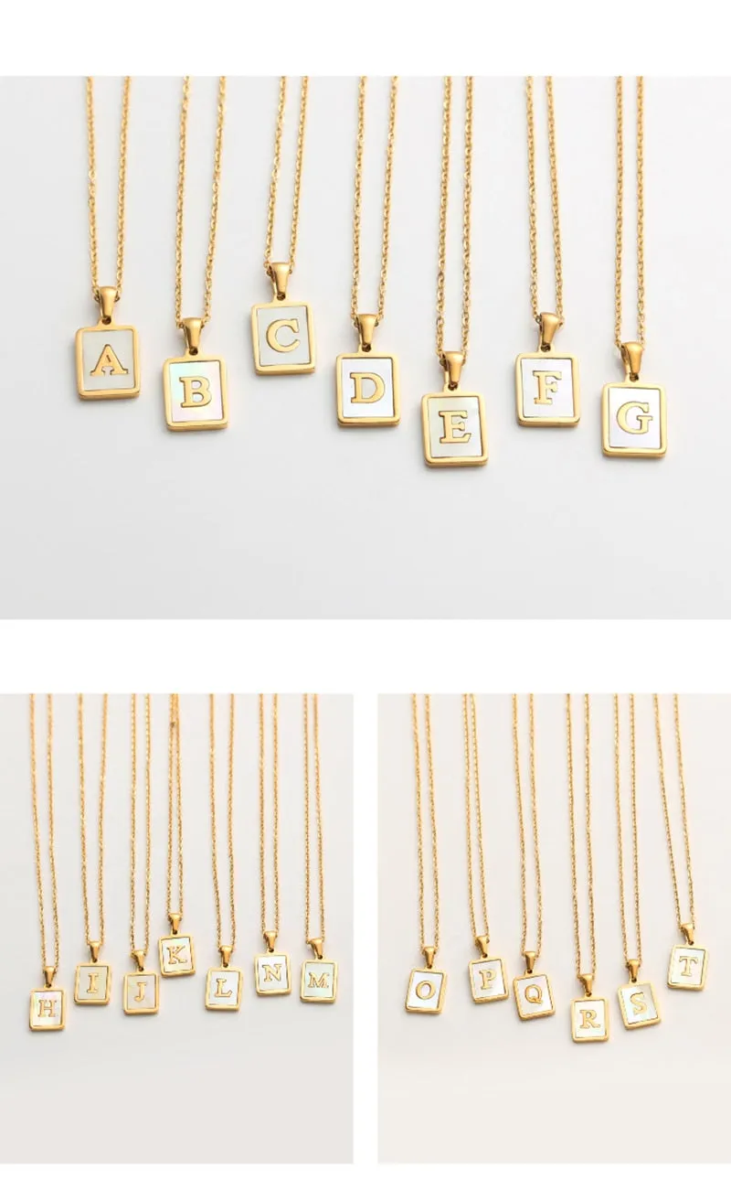 Square Natural Shell Initial Letters Pendant Chain Necklace 18K Golden Jewelry