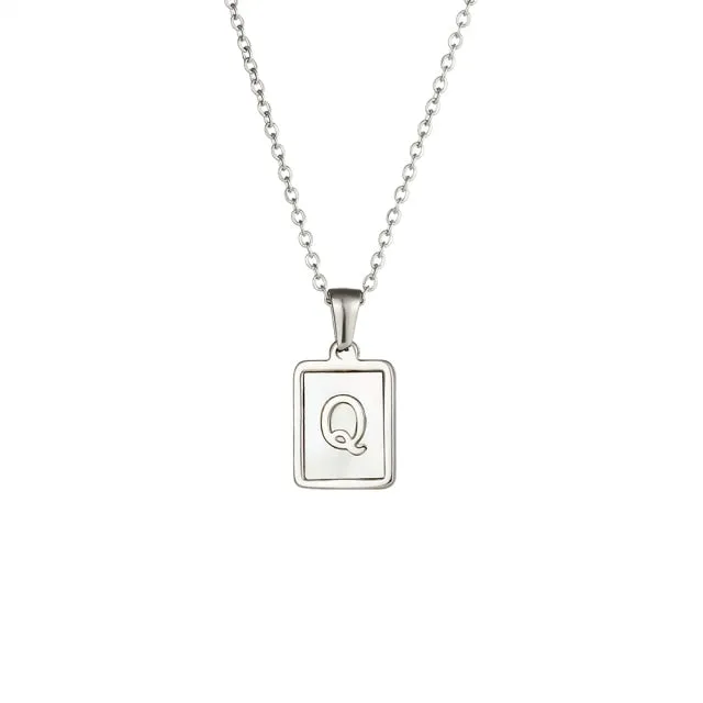 Square Natural Shell Initial Letters Pendant Chain Necklace 18K Golden Jewelry