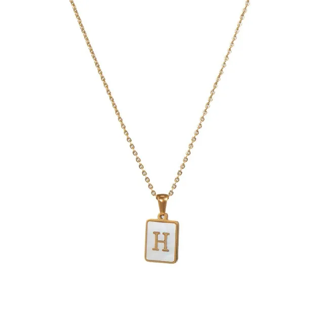 Square Natural Shell Initial Letters Pendant Chain Necklace 18K Golden Jewelry