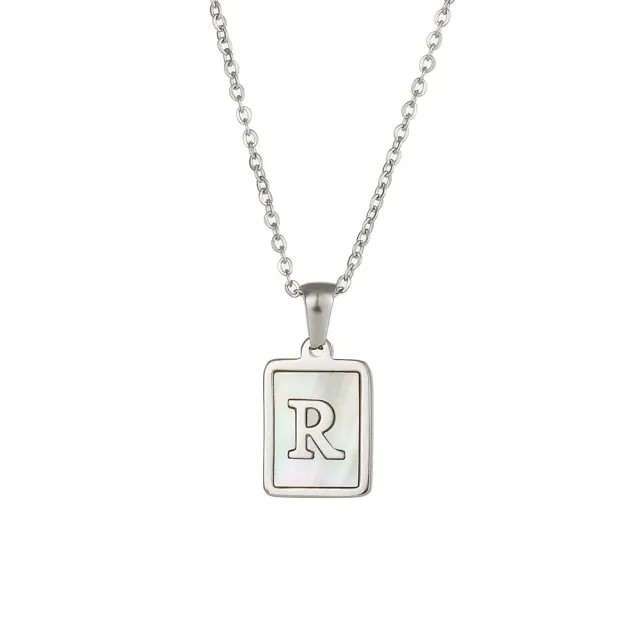 Square Natural Shell Initial Letters Pendant Chain Necklace 18K Golden Jewelry