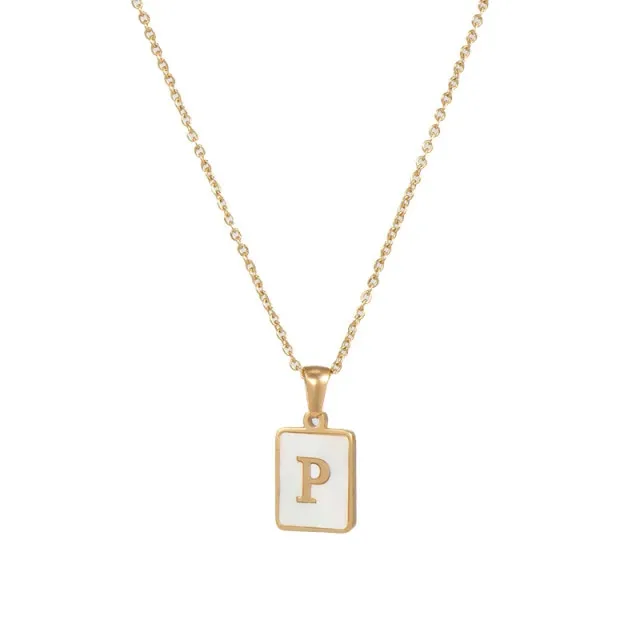 Square Natural Shell Initial Letters Pendant Chain Necklace 18K Golden Jewelry