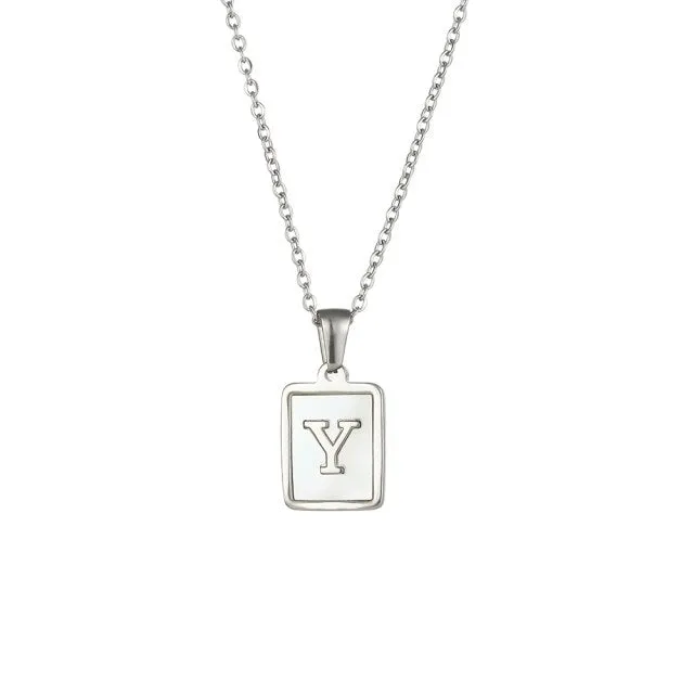 Square Natural Shell Initial Letters Pendant Chain Necklace 18K Golden Jewelry